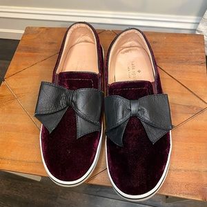 Kate spade red velvet and black leather bow shoes